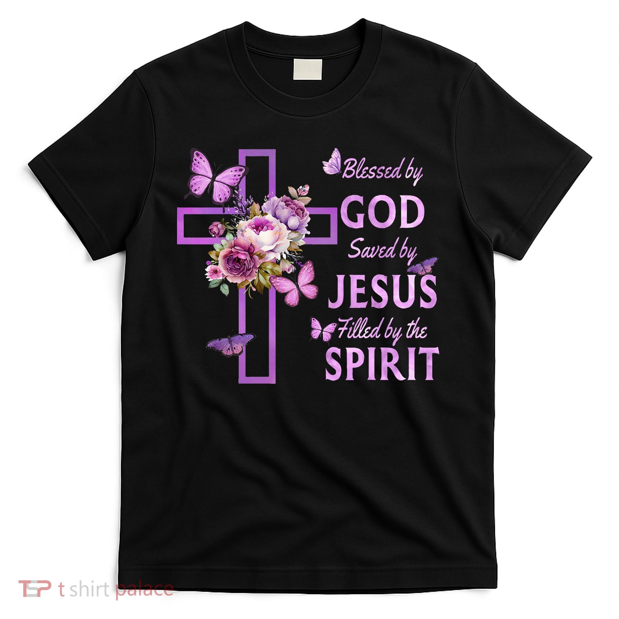 Blessed By God Saved By Jesus Purple Floral Cross Christian T-Shirt