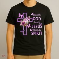Blessed By God Saved By Jesus Purple Floral Cross Christian T-Shirt thumb 3