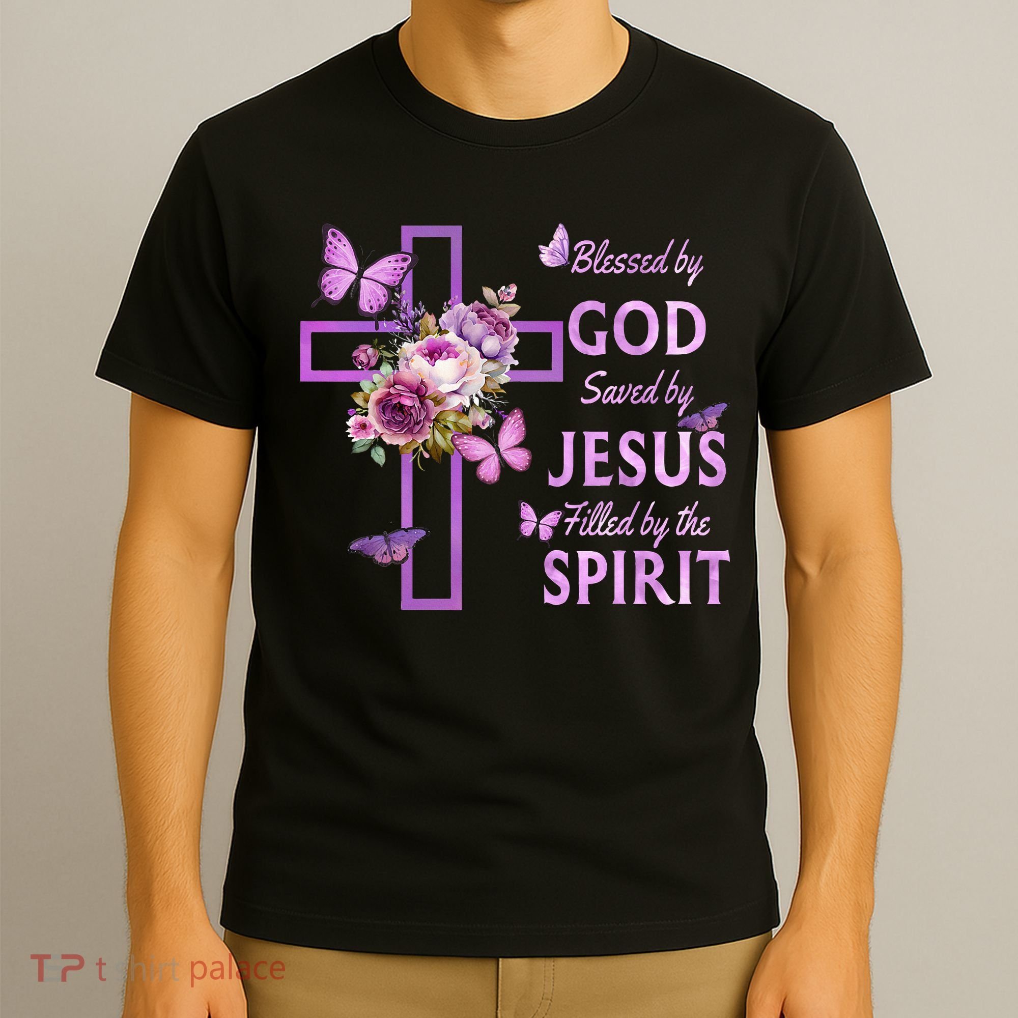 Blessed By God Saved By Jesus Purple Floral Cross Christian T-Shirt