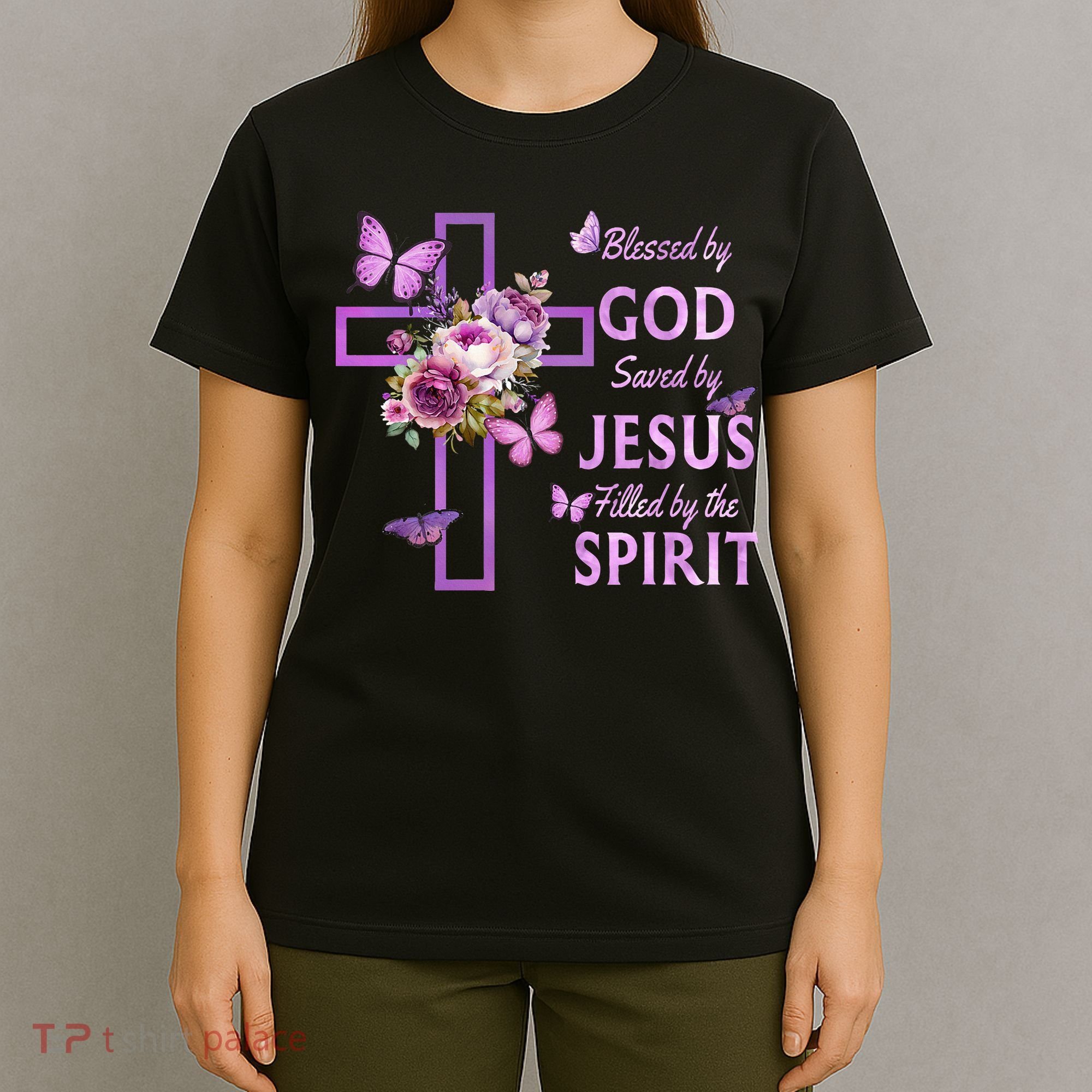 Blessed By God Saved By Jesus Purple Floral Cross Christian T-Shirt