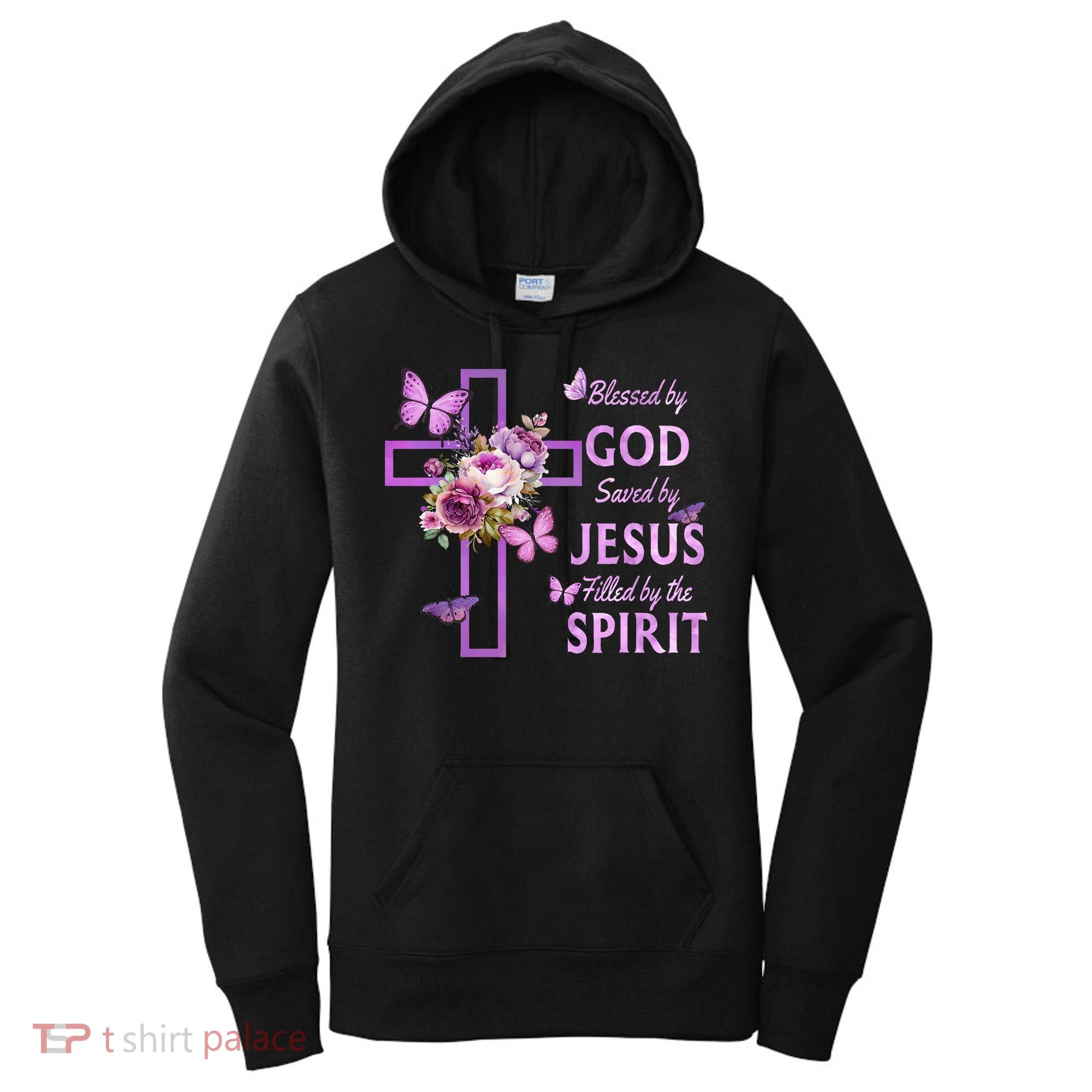 Blessed By God Saved By Jesus Purple Floral Cross Christian Women's Hoodie