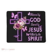 Blessed By God Saved By Jesus Purple Floral Cross Christian Mousepad thumb 0