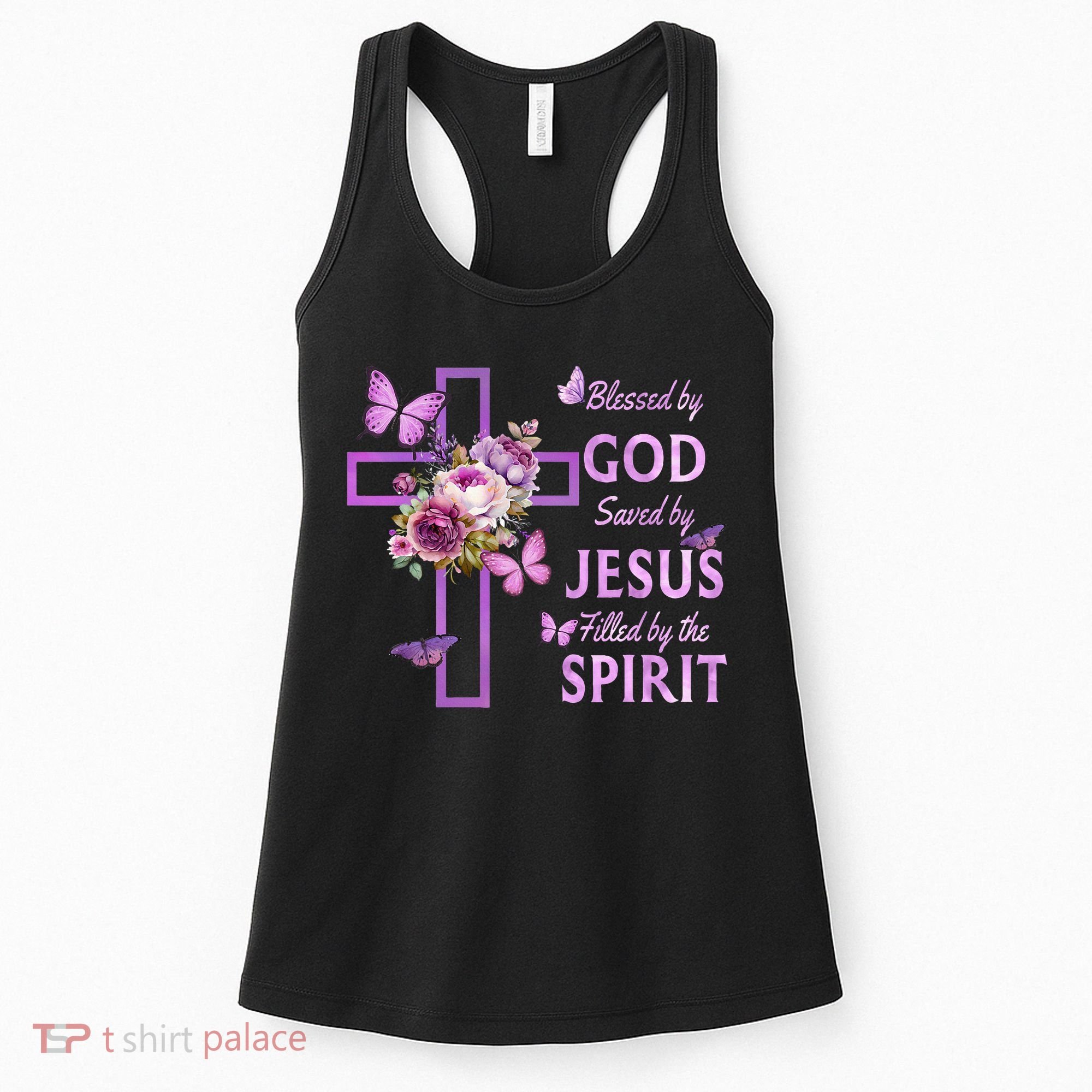 Blessed By God Saved By Jesus Purple Floral Cross Christian Women's Tank Top