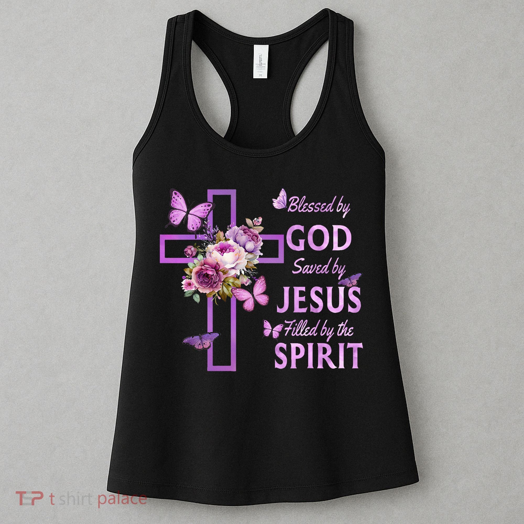 Blessed By God Saved By Jesus Purple Floral Cross Christian Women's Tank Top