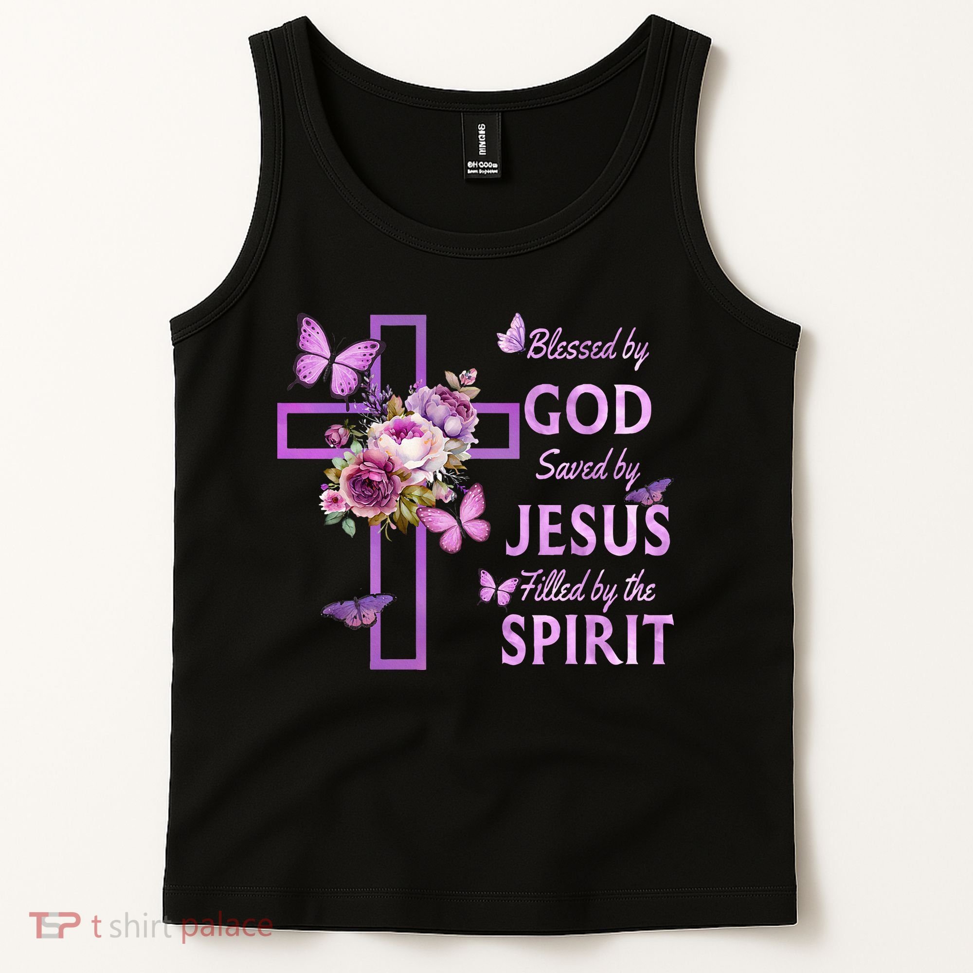 Blessed By God Saved By Jesus Purple Floral Cross Christian Tank Top