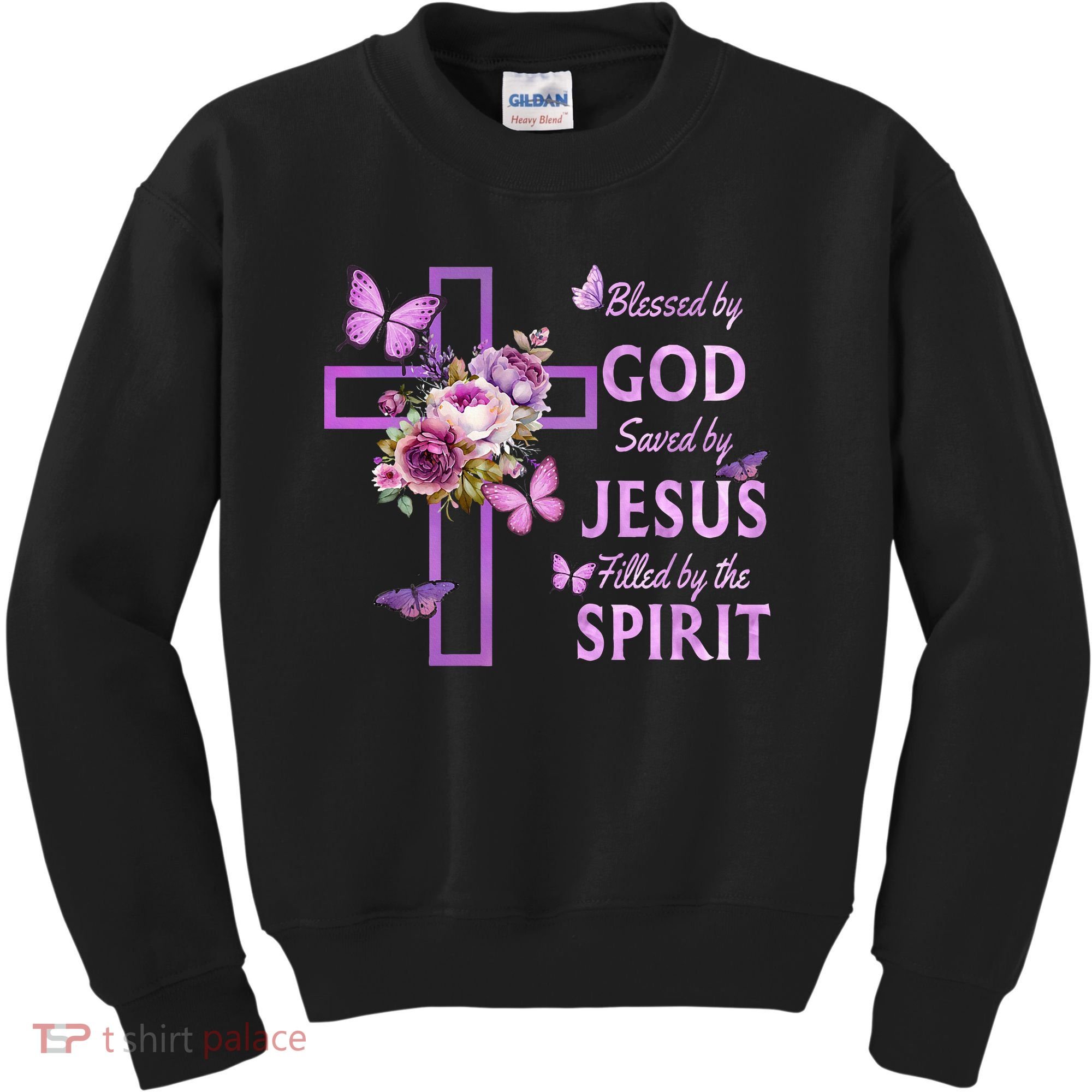 Blessed By God Saved By Jesus Purple Floral Cross Christian Kids Sweatshirt