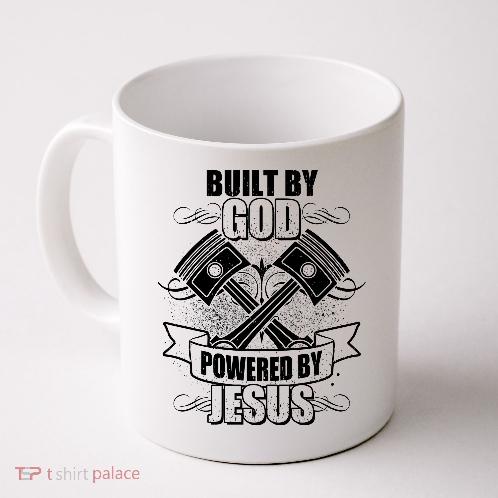 Built By God Powered By Jesus Car Engine Pistons Coffee Mug
