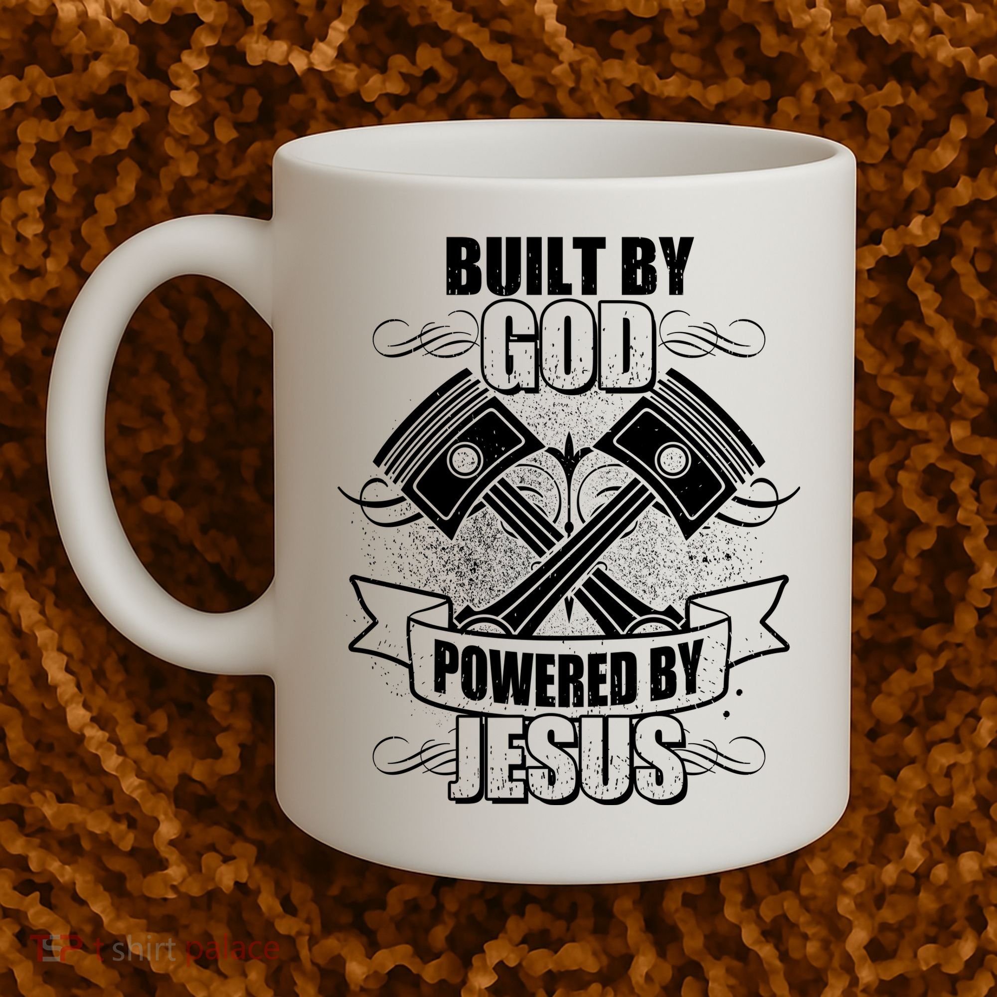 Built By God Powered By Jesus Car Engine Pistons Coffee Mug