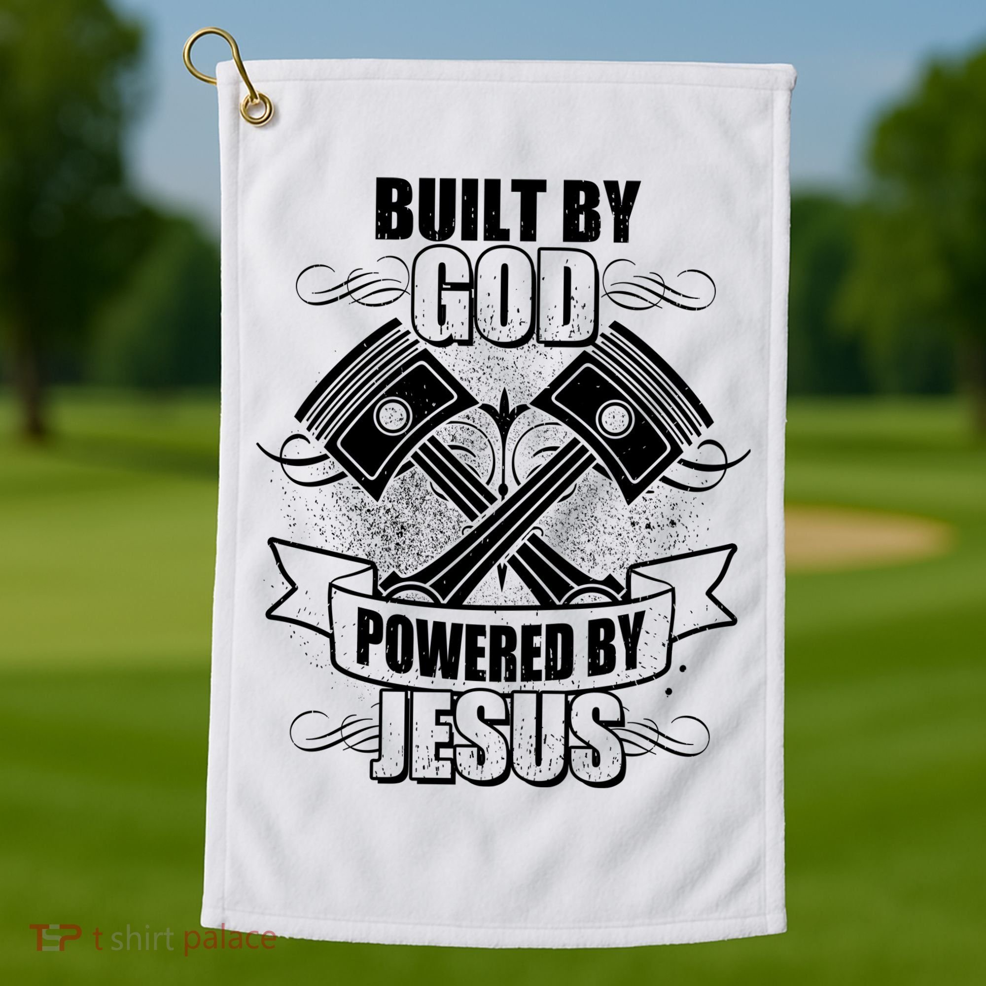 Built By God Powered By Jesus Car Engine Pistons Golf Towel
