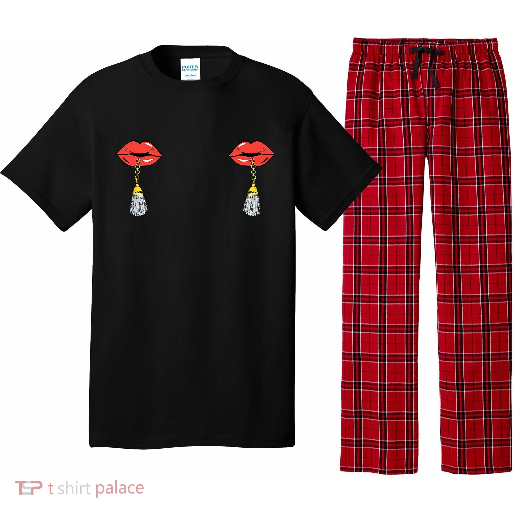 Burlesque Boobs Gag Red Lip Tassel Pasties Pajama Set
