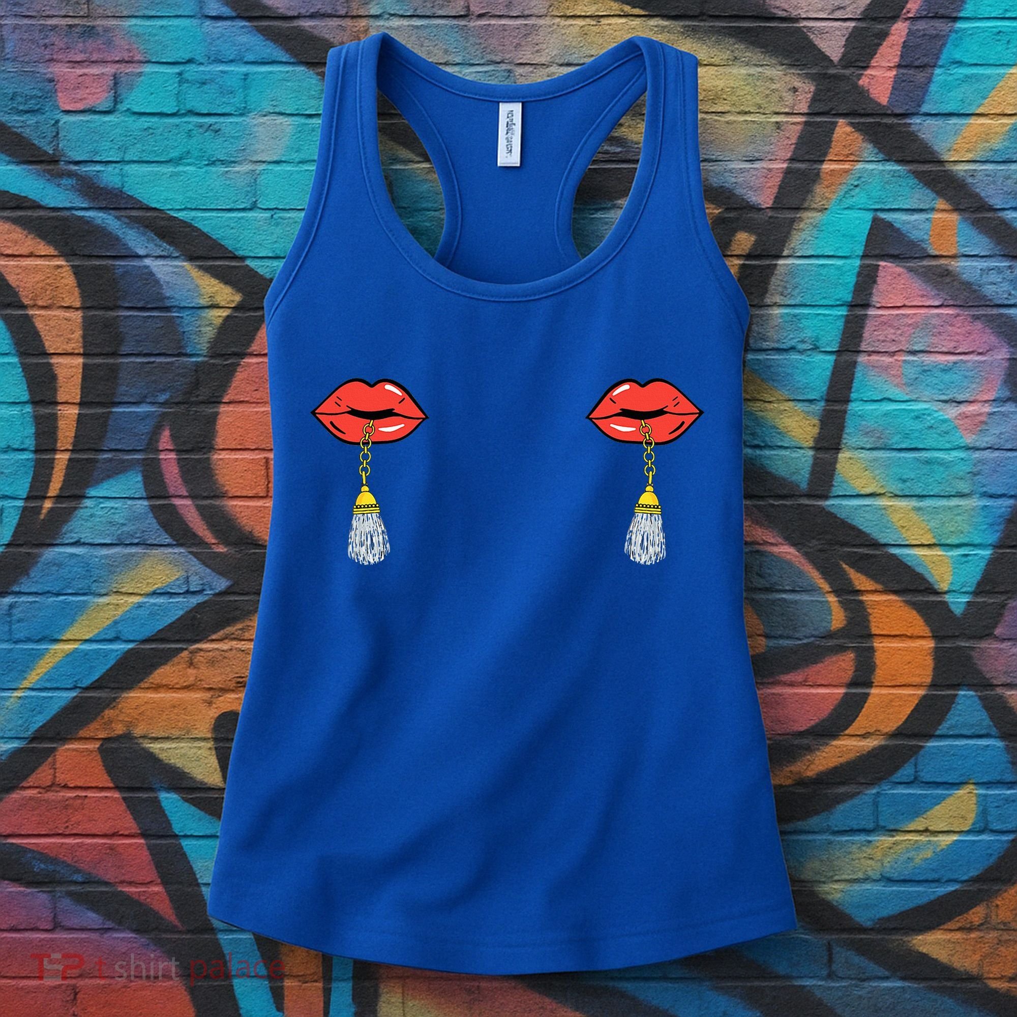 Burlesque Boobs Gag Red Lip Tassel Pasties Women's Tank Top