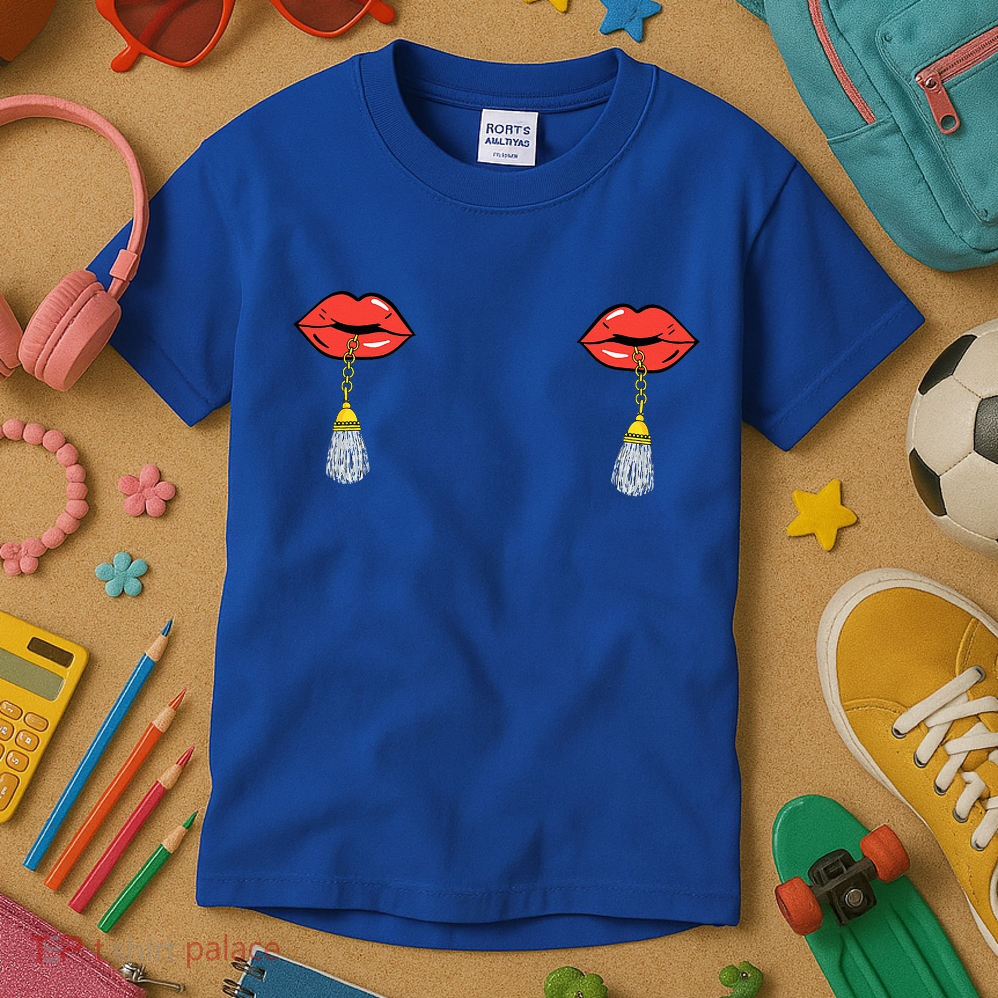 Burlesque Boobs Gag Red Lip Tassel Pasties Kids T-Shirt
