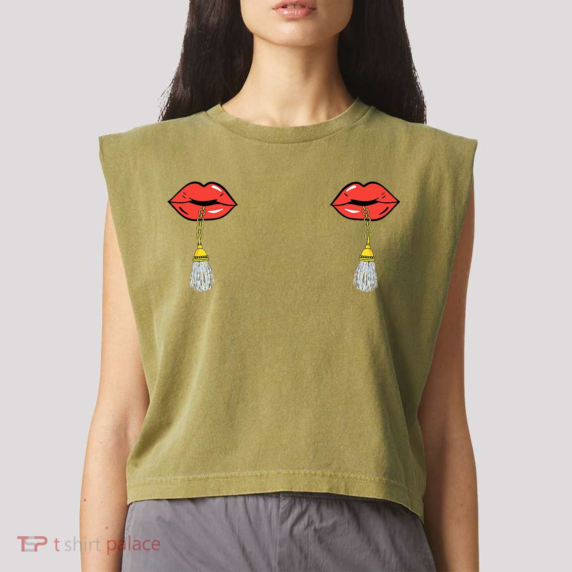 Burlesque Boobs Gag Red Lip Tassel Pasties Garment-Dyed Women's Muscle Tee