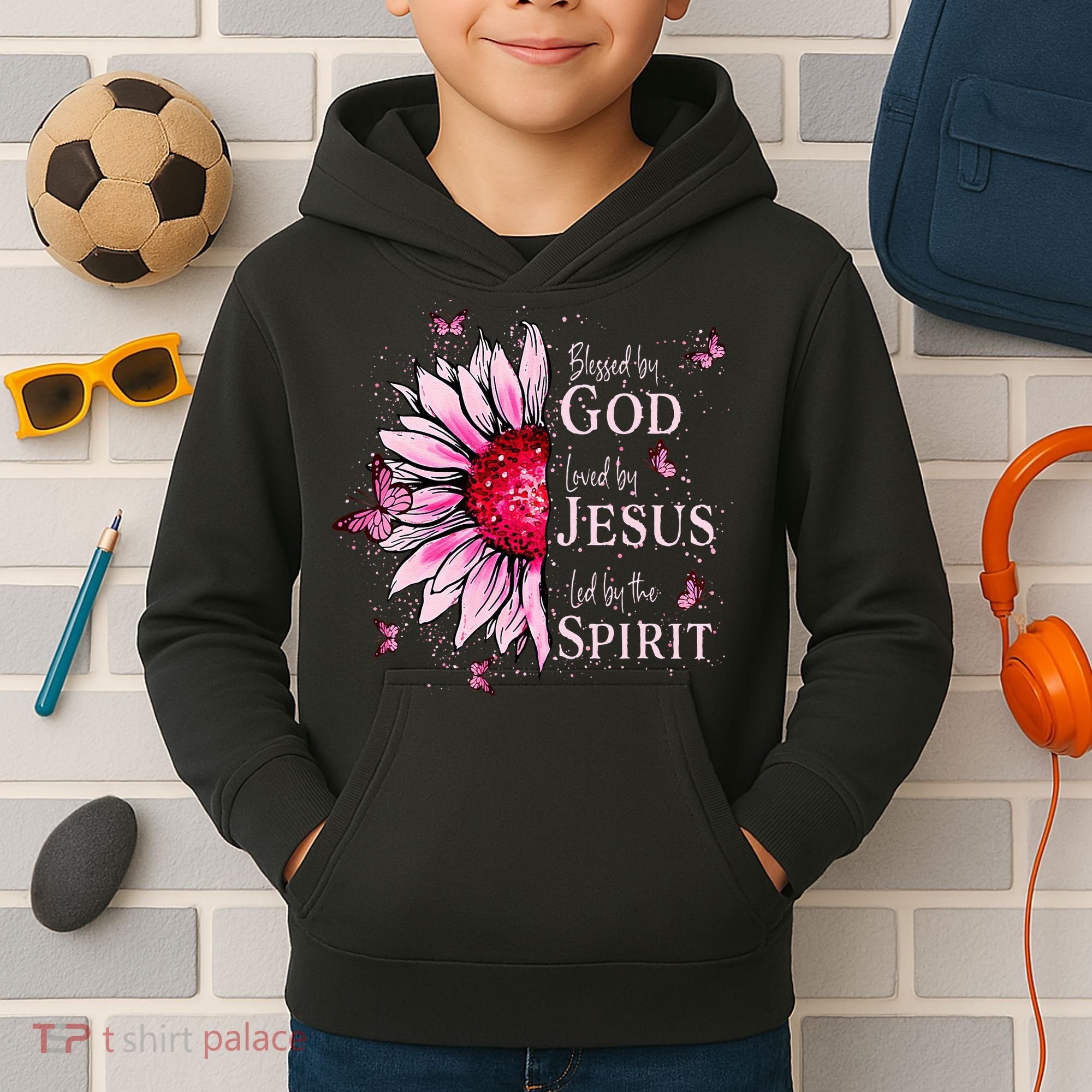 Blessed By God Loved By Jesus Sunflower  Kids Hoodie