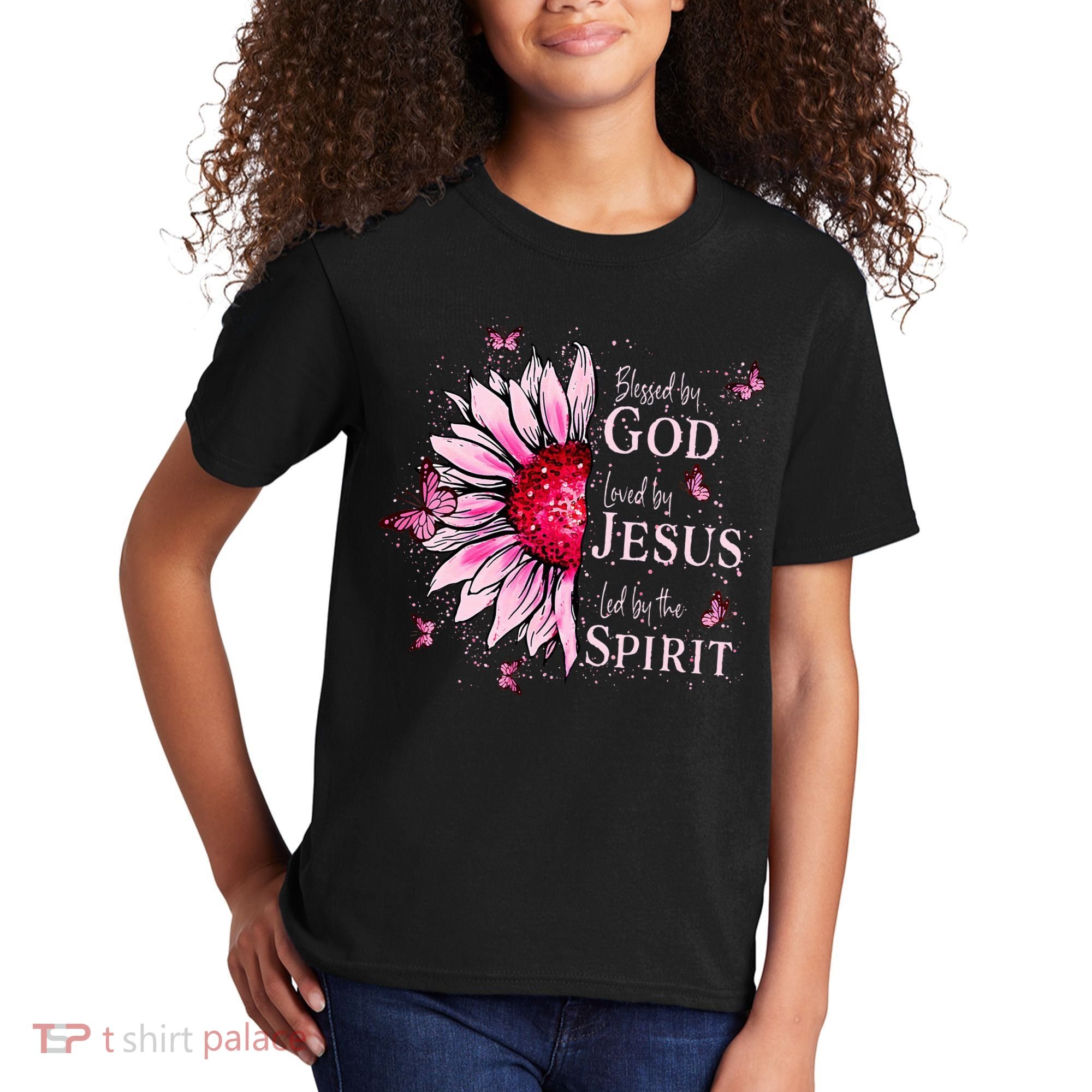 Blessed By God Loved By Jesus Sunflower  Kids T-Shirt