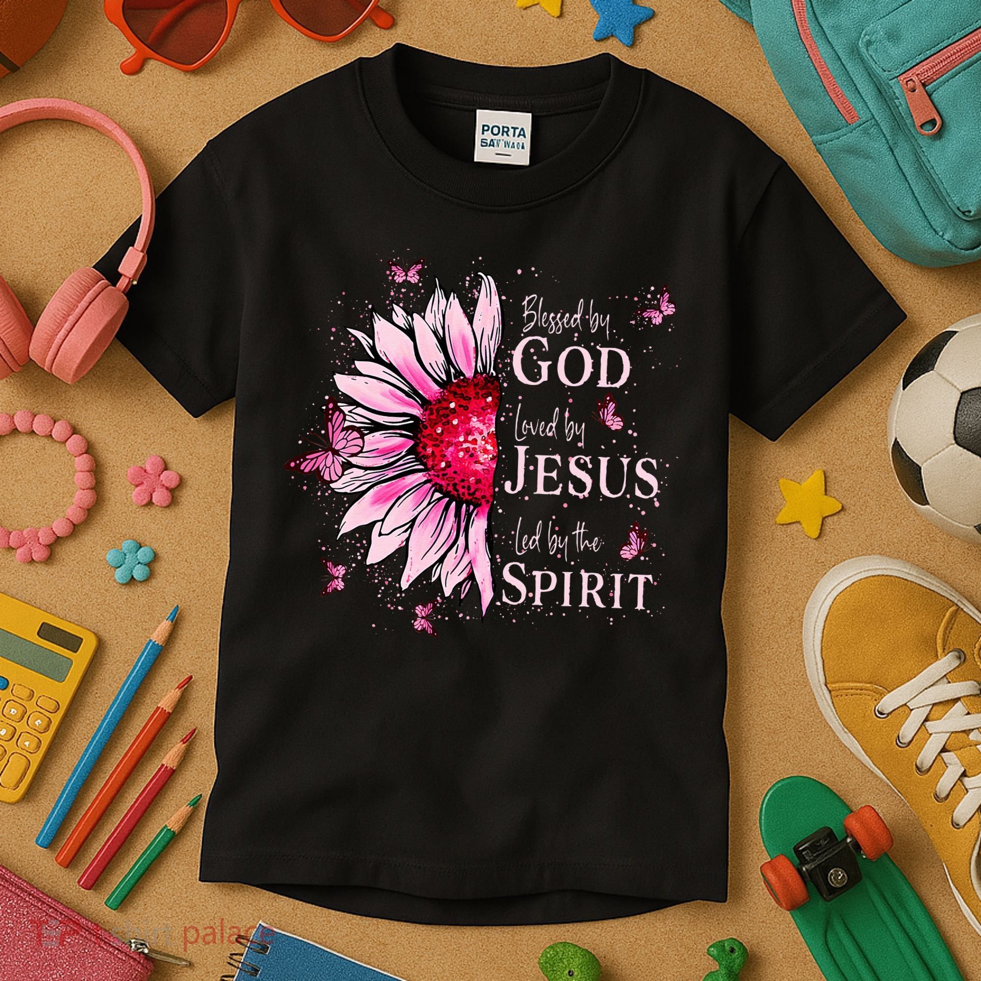 Blessed By God Loved By Jesus Sunflower  Kids T-Shirt