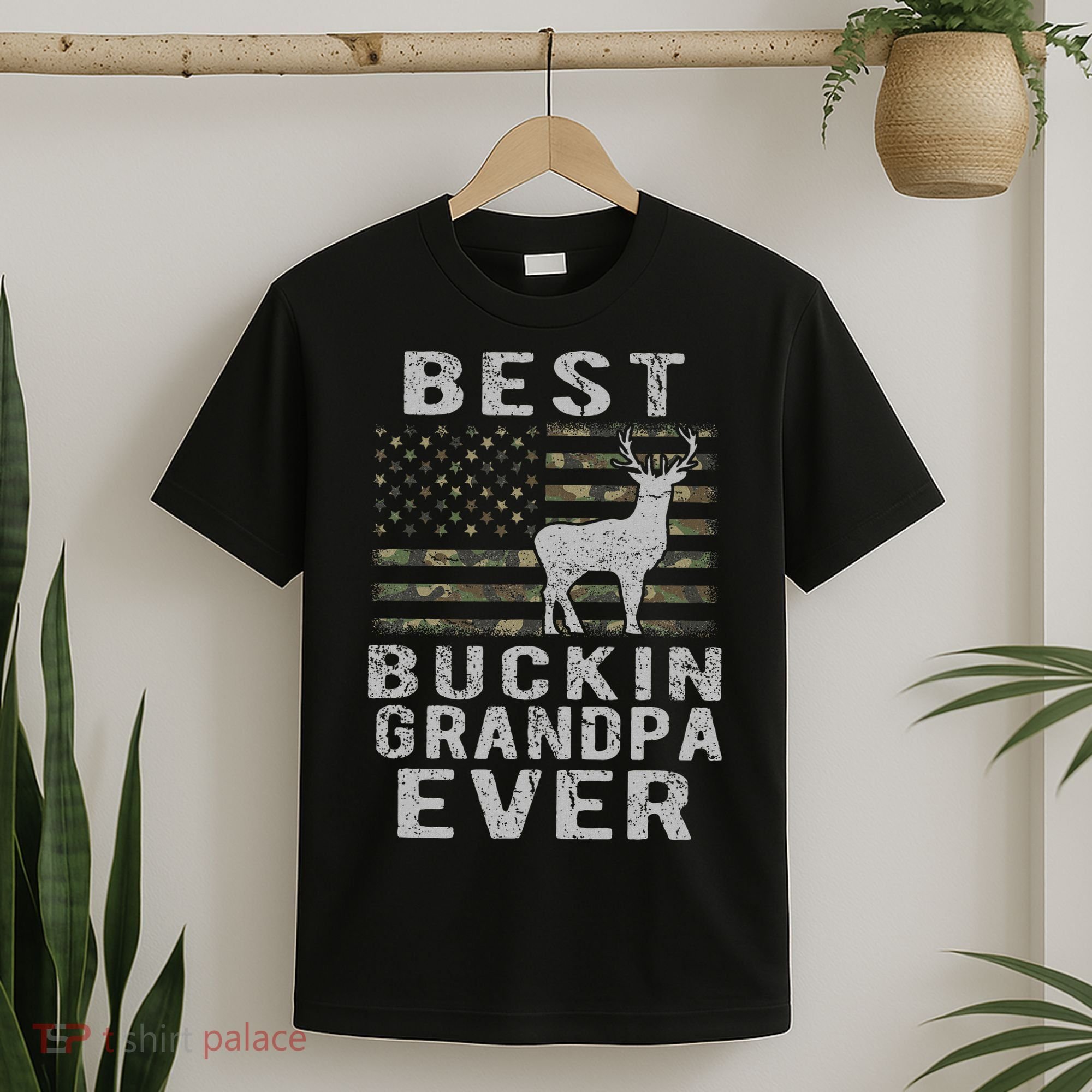 Best Bucking Grandpa Ever Camouflage Us Flag Deer Hunting T-Shirt