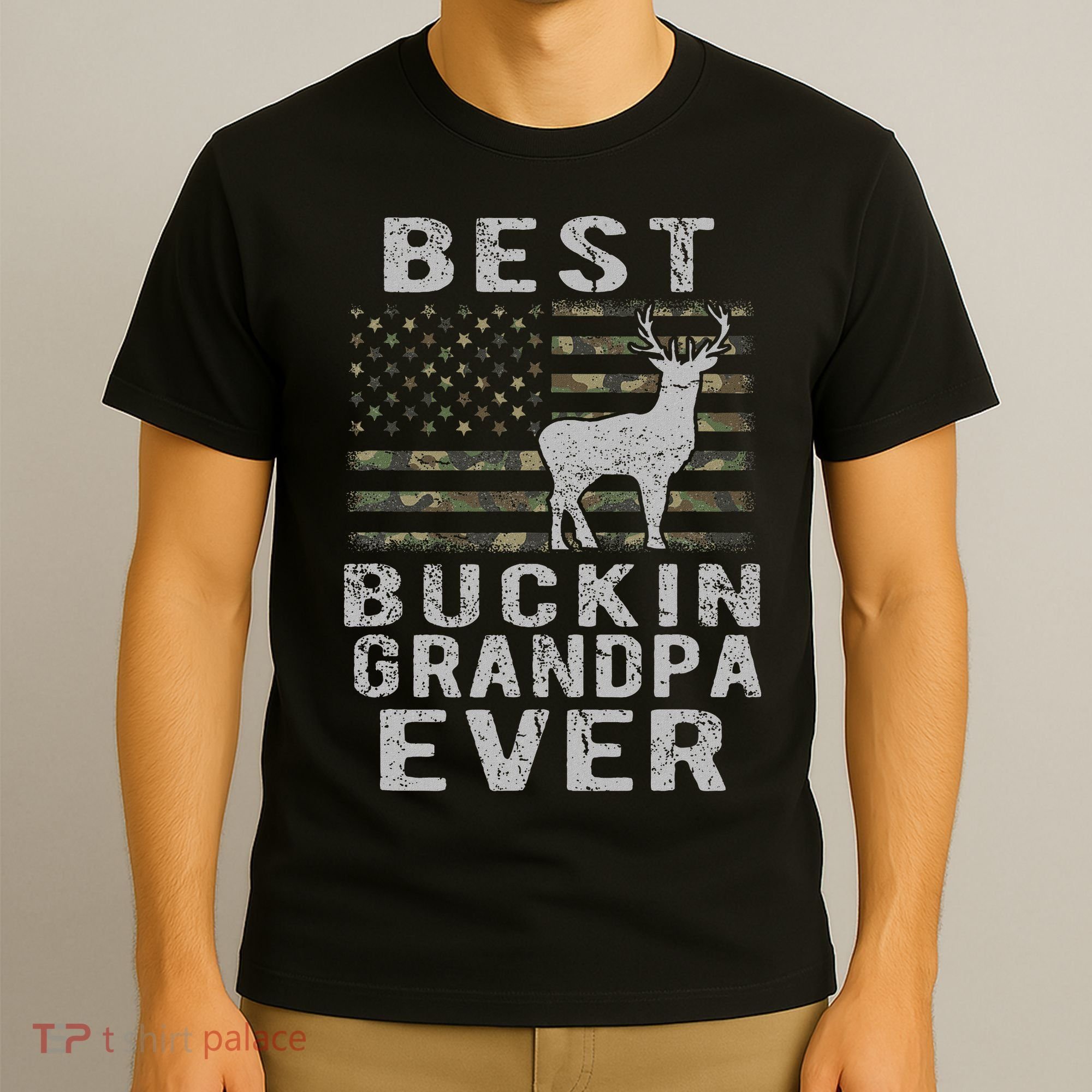 Best Bucking Grandpa Ever Camouflage Us Flag Deer Hunting T-Shirt