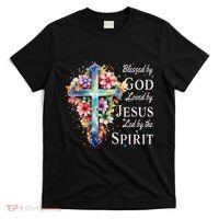 Blessed By God Loved By Jesus Floral Cross Christian T-Shirt thumb 0