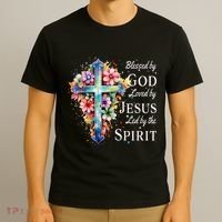 Blessed By God Loved By Jesus Floral Cross Christian T-Shirt thumb 3
