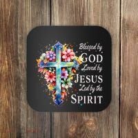 Blessed By God Loved By Jesus Floral Cross Christian Coaster thumb 0