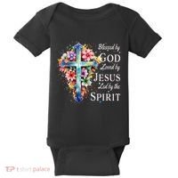 Blessed By God Loved By Jesus Floral Cross Christian Baby Bodysuit thumb 0