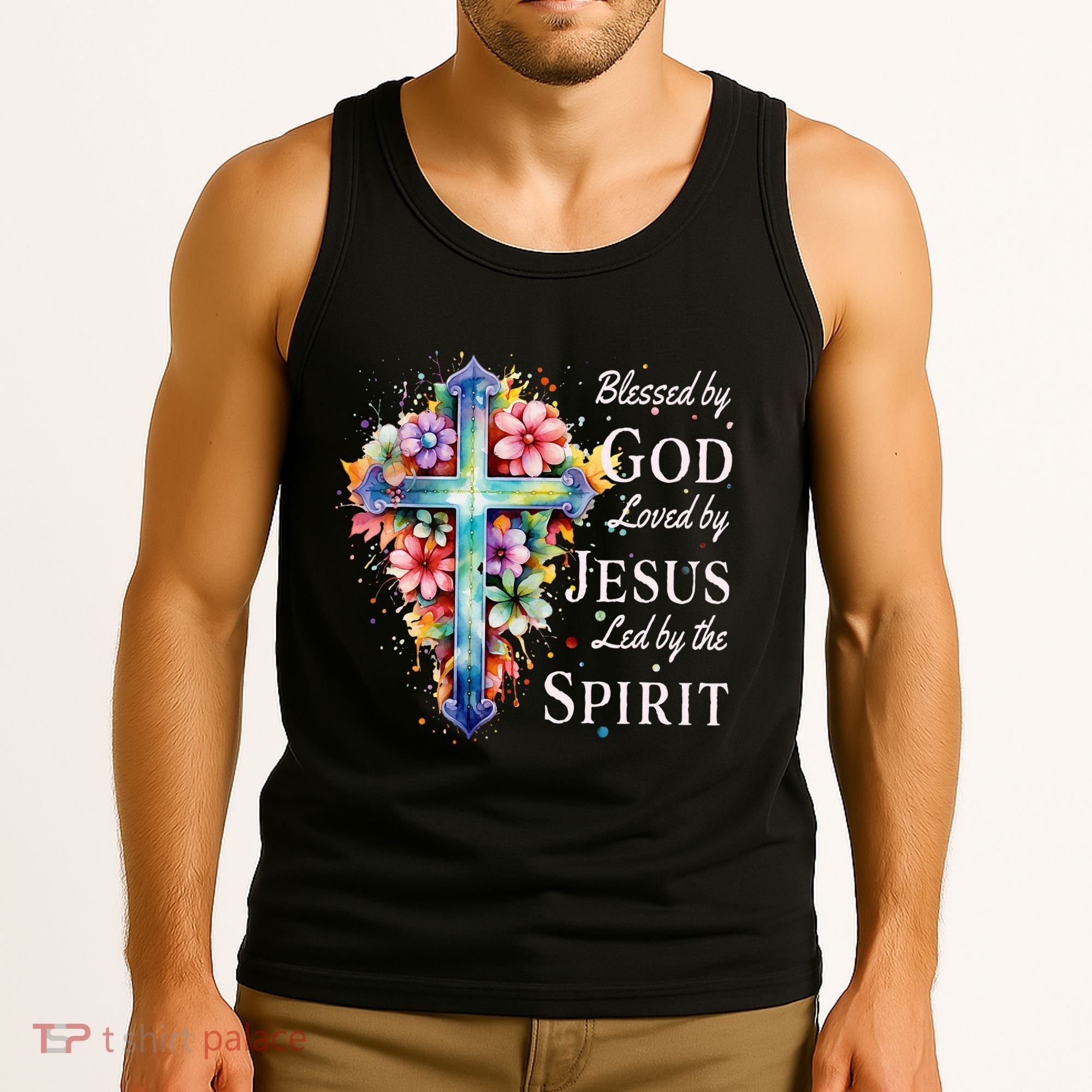 Blessed By God Loved By Jesus Floral Cross Christian Tank Top