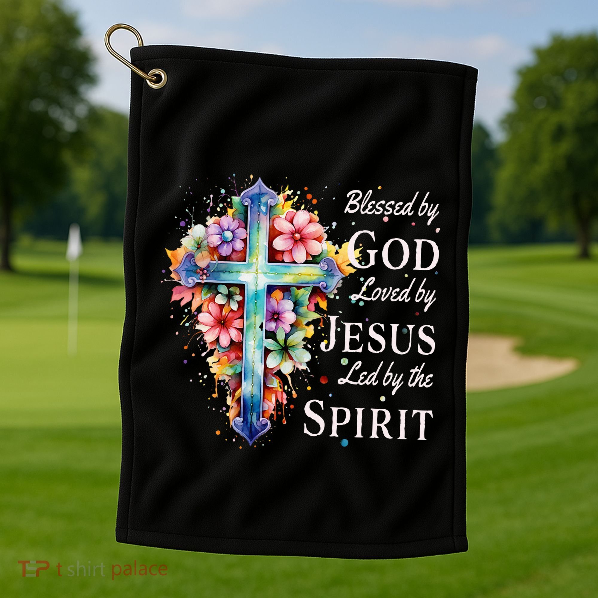Blessed By God Loved By Jesus Floral Cross Christian Golf Towel