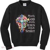 Blessed By God Loved By Jesus Floral Cross Christian Kids Sweatshirt thumb 0