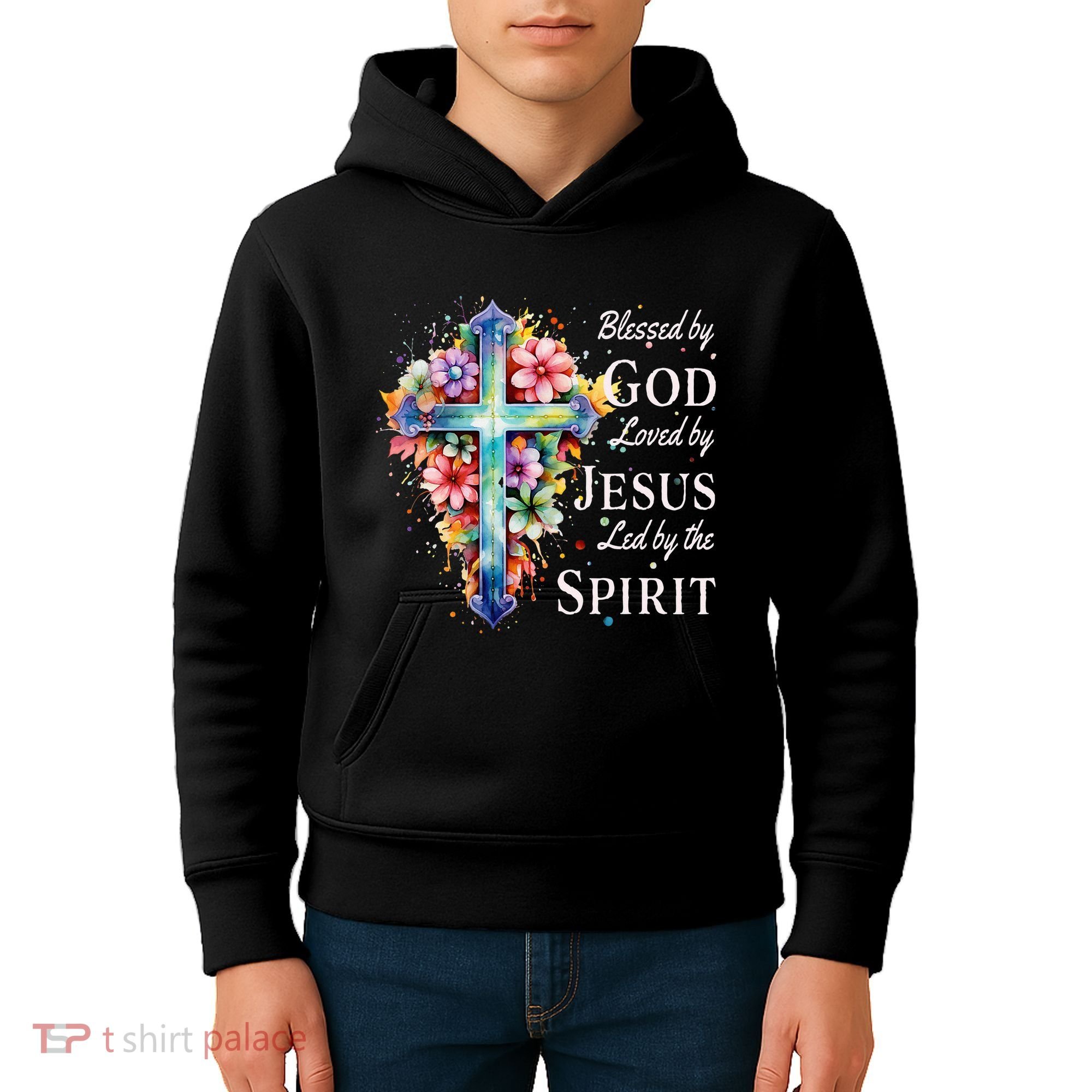 Blessed By God Loved By Jesus Floral Cross Christian Kids Hoodie