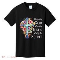 Blessed By God Loved By Jesus Floral Cross Christian Kids T-Shirt thumb 0