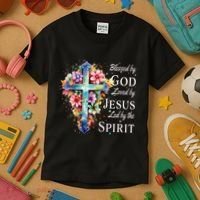 Blessed By God Loved By Jesus Floral Cross Christian Kids T-Shirt thumb 3