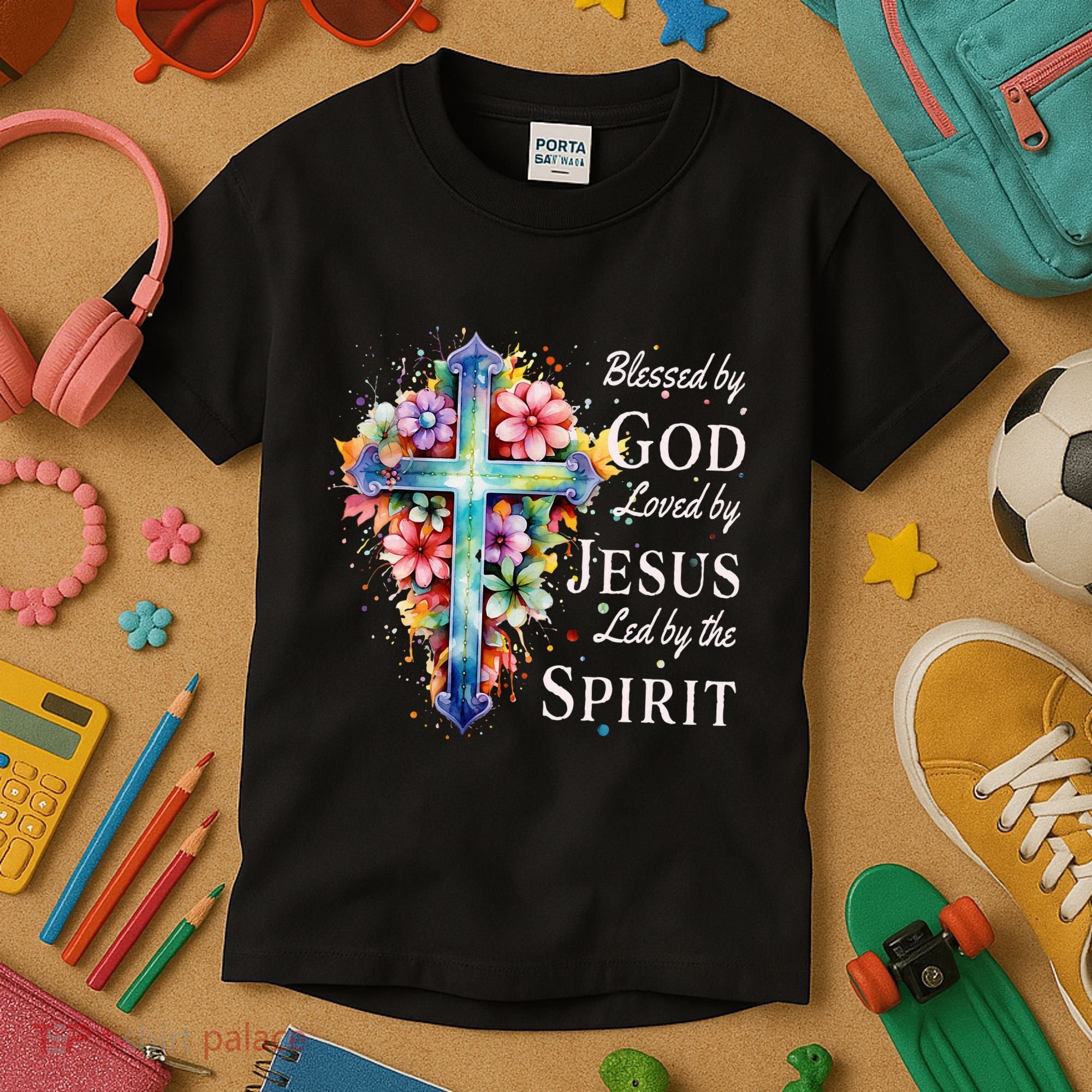 Blessed By God Loved By Jesus Floral Cross Christian Kids T-Shirt