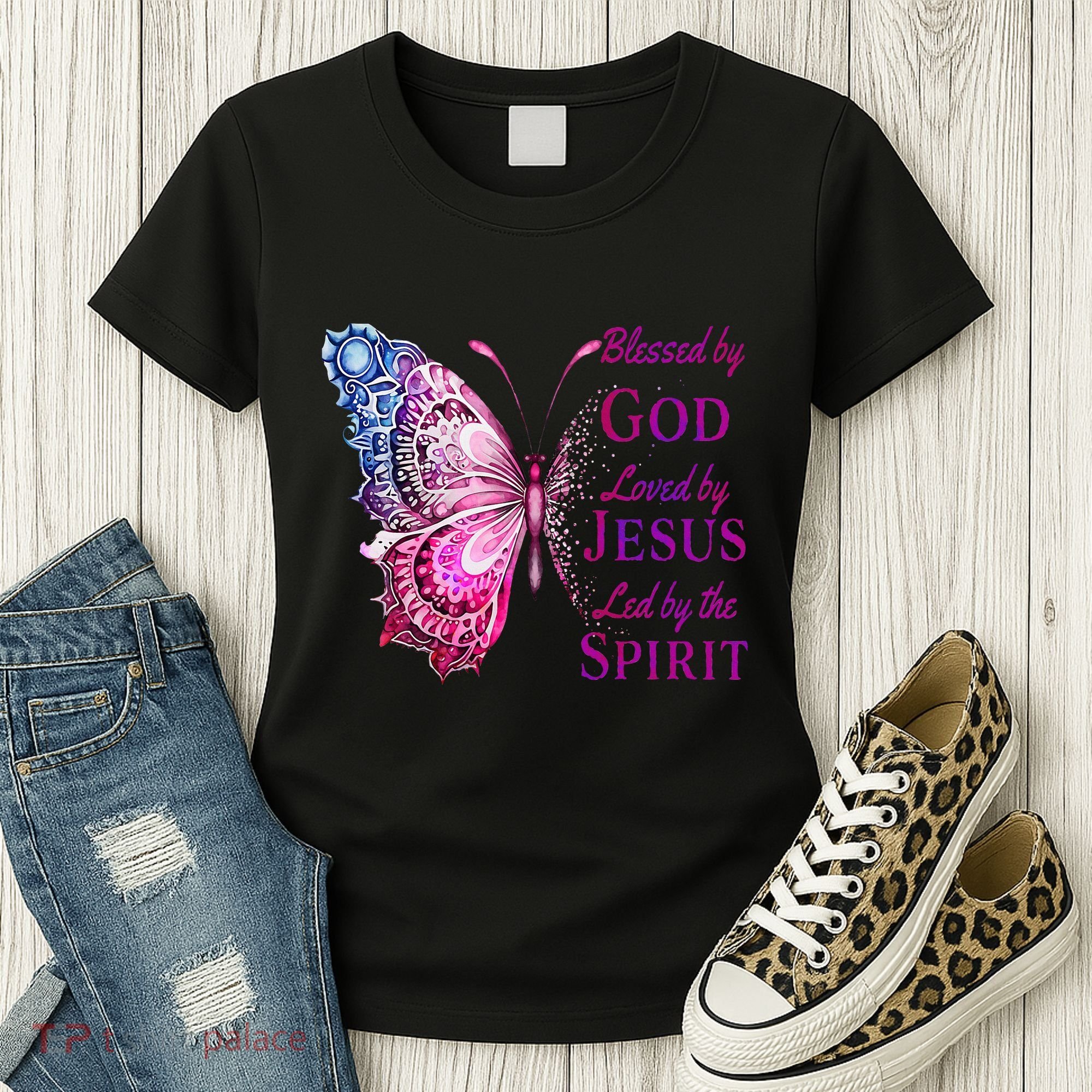 Blessed By God Loved By Jesus Butterfly Christian Women's T-Shirt