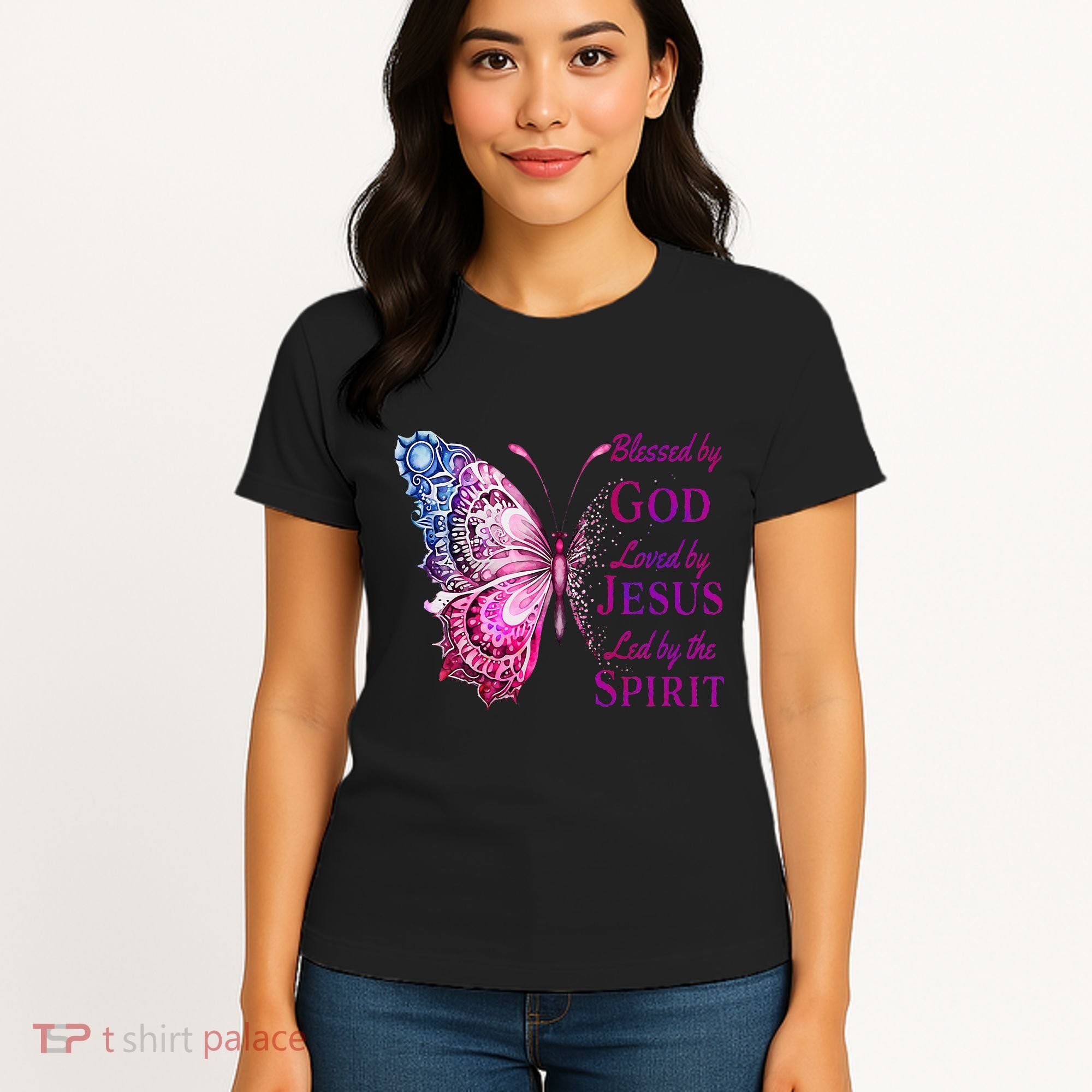Blessed By God Loved By Jesus Butterfly Christian Women's T-Shirt