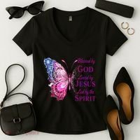 Blessed By God Loved By Jesus Butterfly Christian Women's V-Neck T-Shirt thumb 2