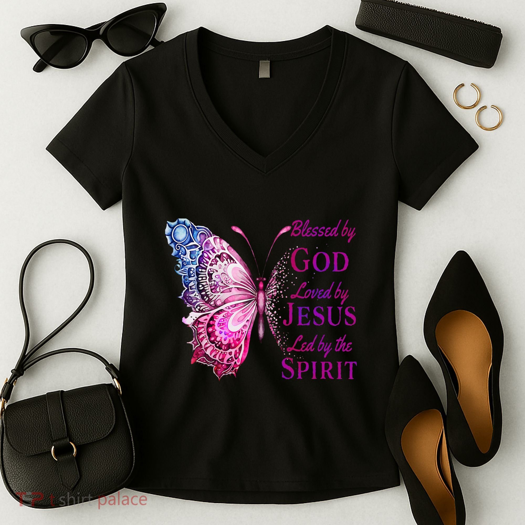 Blessed By God Loved By Jesus Butterfly Christian Women's V-Neck T-Shirt