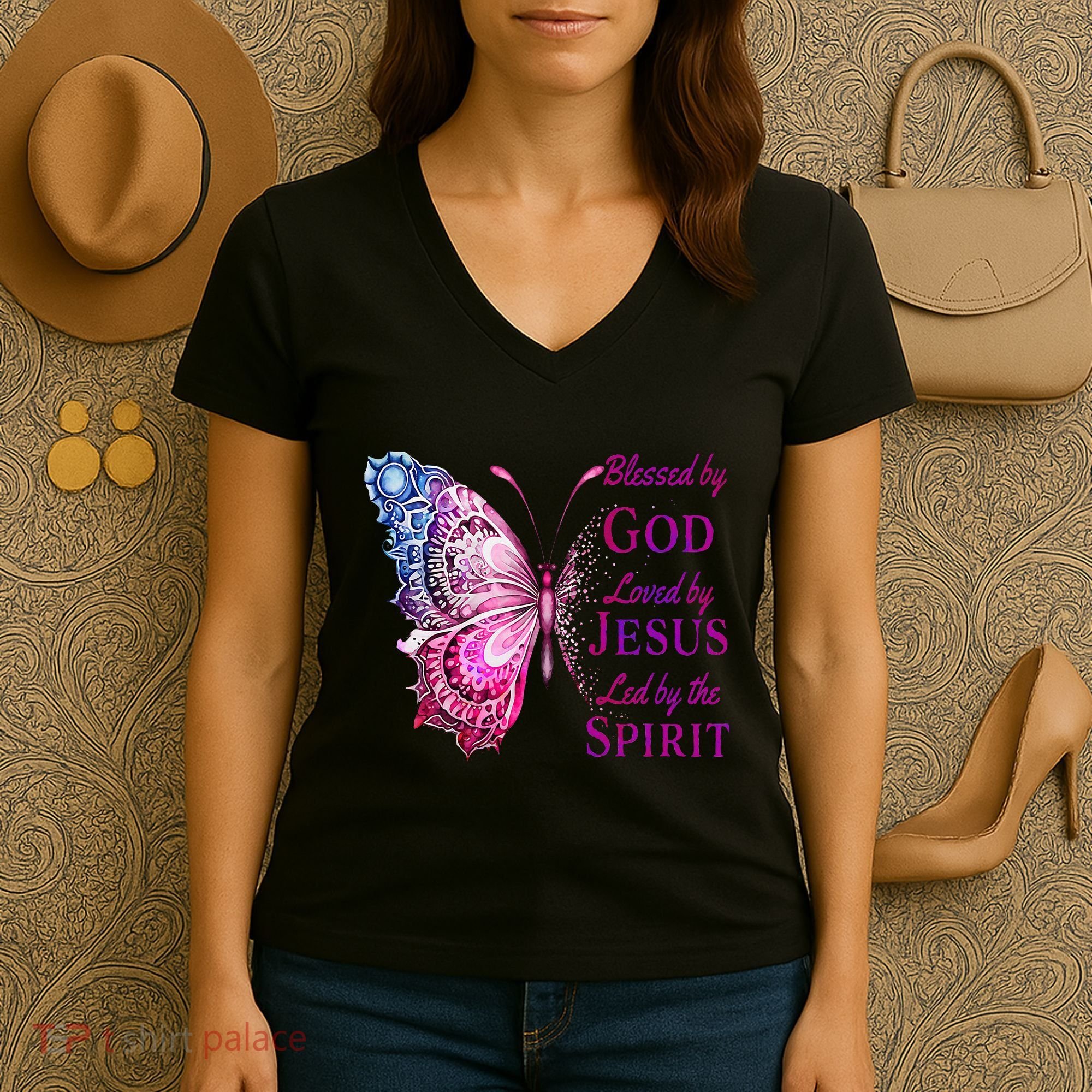 Blessed By God Loved By Jesus Butterfly Christian Women's V-Neck T-Shirt