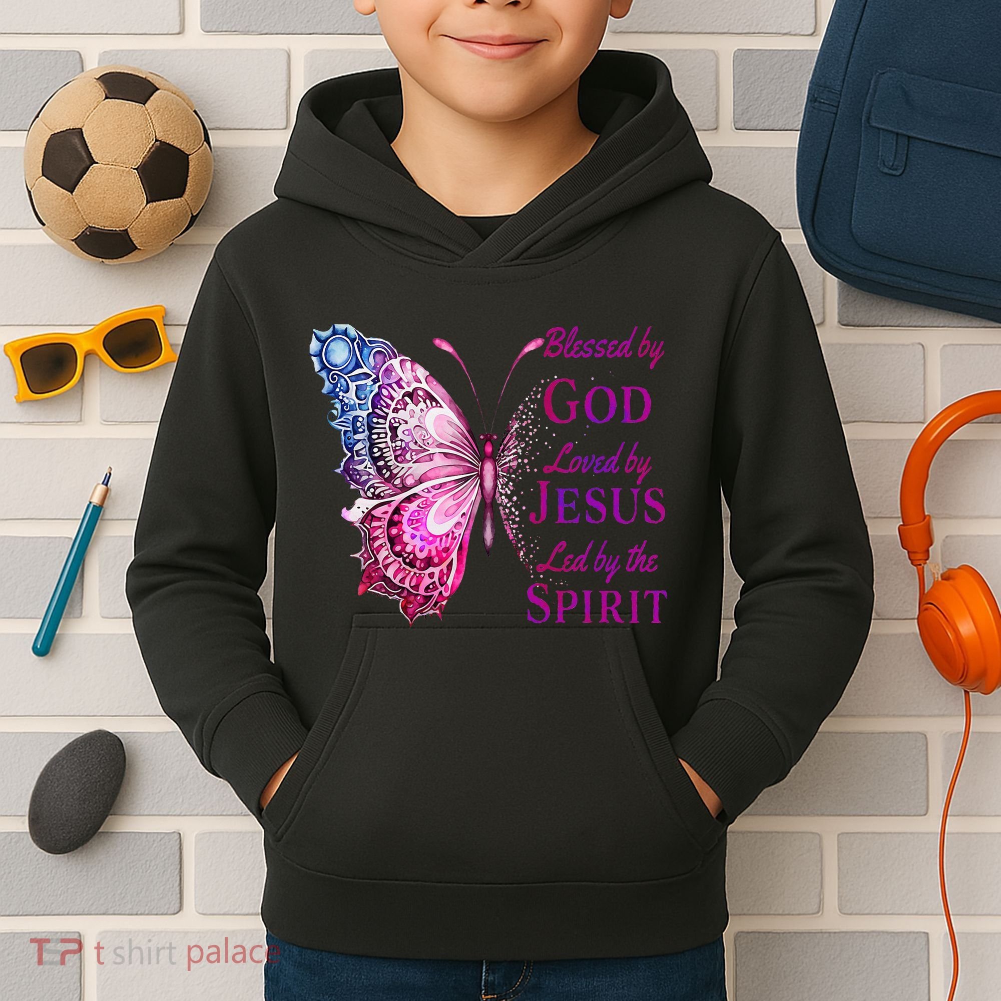 Blessed By God Loved By Jesus Butterfly Christian Kids Hoodie