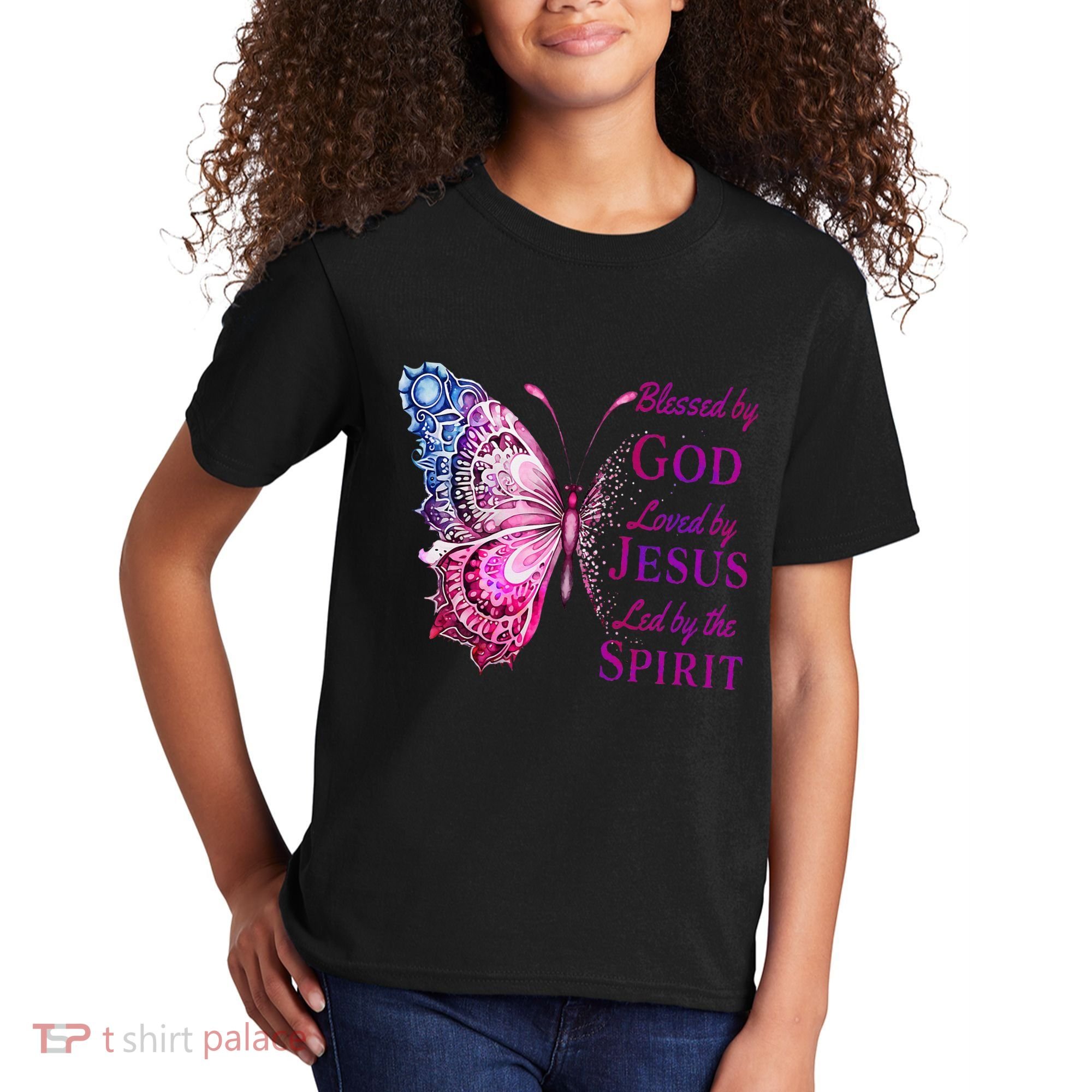 Blessed By God Loved By Jesus Butterfly Christian Kids T-Shirt