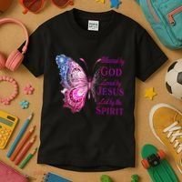 Blessed By God Loved By Jesus Butterfly Christian Kids T-Shirt thumb 3