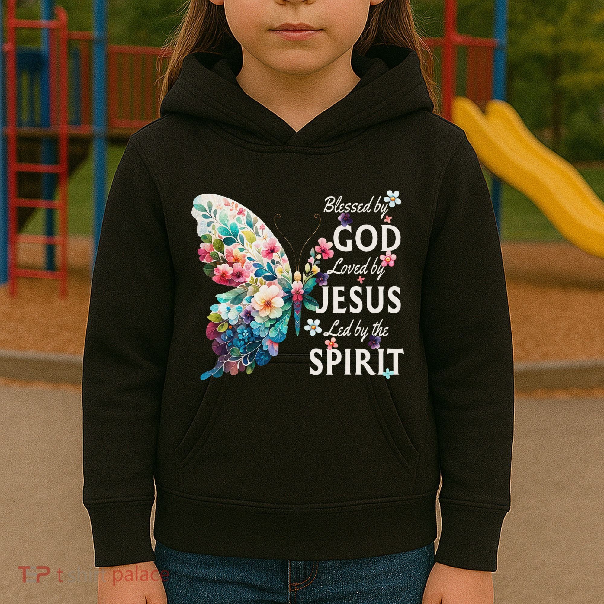 Blessed By God Loved By Jesus Floral Butterfly Christian Kids Hoodie