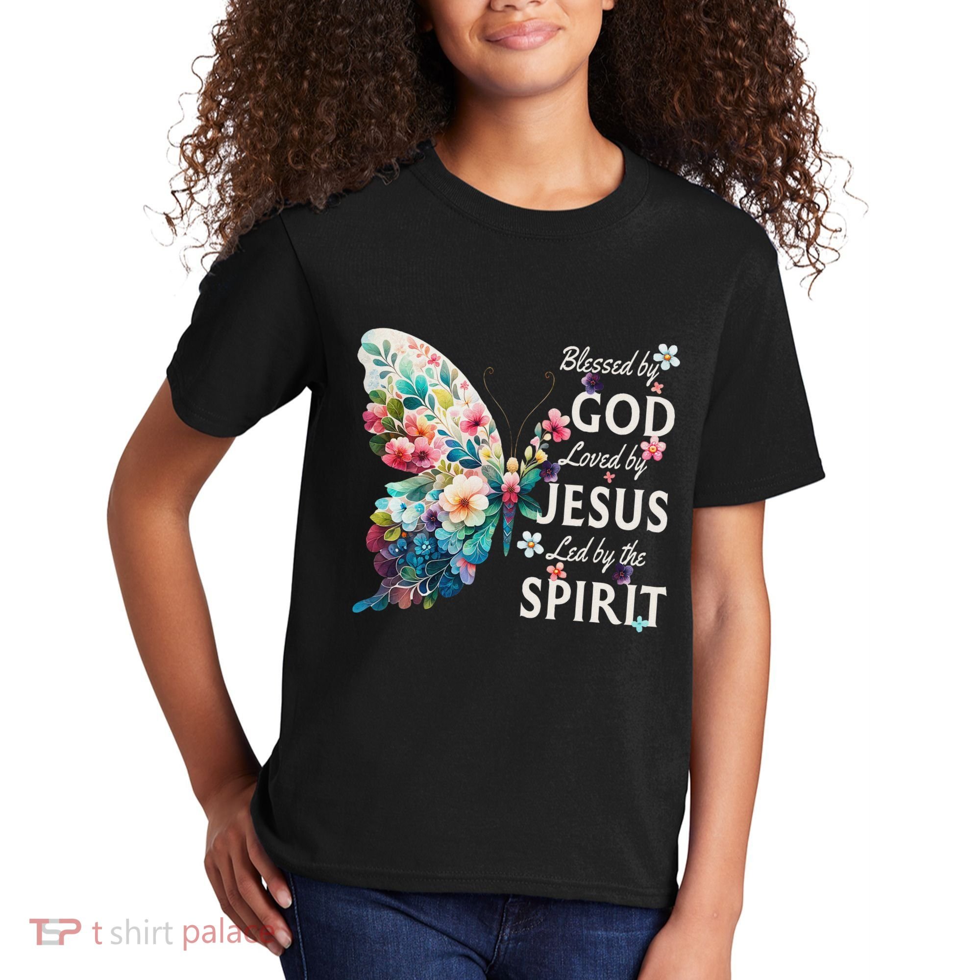 Blessed By God Loved By Jesus Floral Butterfly Christian Kids T-Shirt