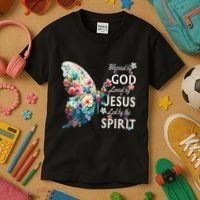 Blessed By God Loved By Jesus Floral Butterfly Christian Kids T-Shirt thumb 3