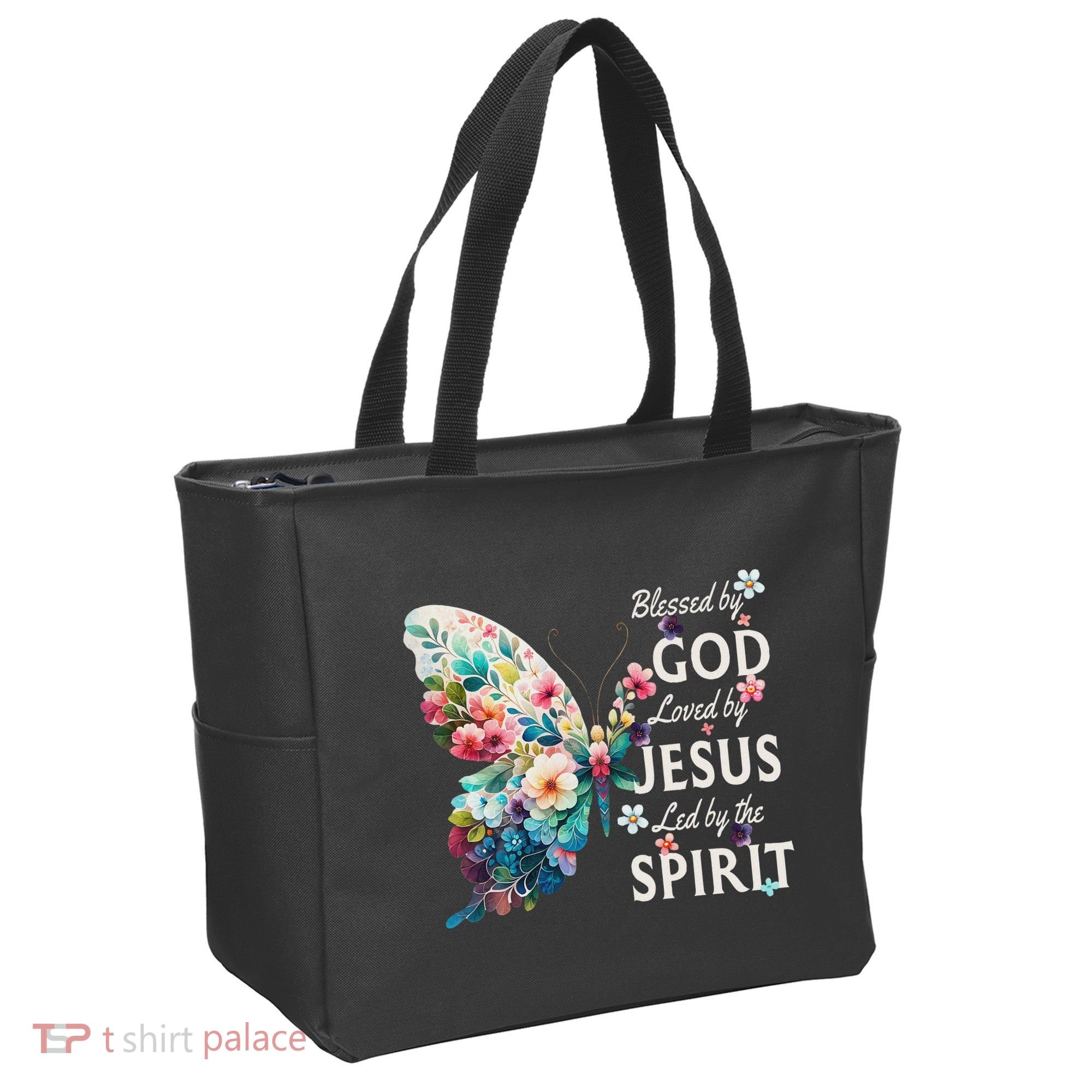 Blessed By God Loved By Jesus Floral Butterfly Christian Tote Bag