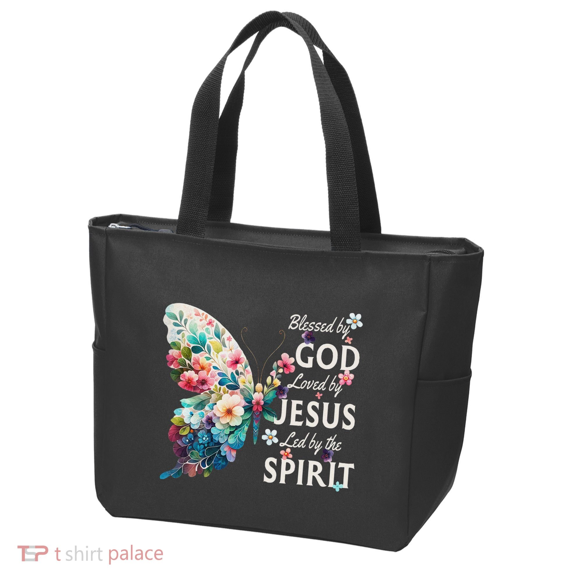Blessed By God Loved By Jesus Floral Butterfly Christian Tote Bag