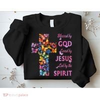 Blessed By God Loved By Jesus Butterfly Cross Sweatshirt thumb 2