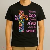 Blessed By God Loved By Jesus Butterfly Cross T-Shirt thumb 3