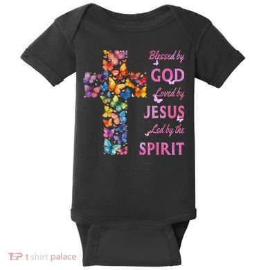 Blessed By God Loved By Jesus Butterfly Cross Baby Bodysuit