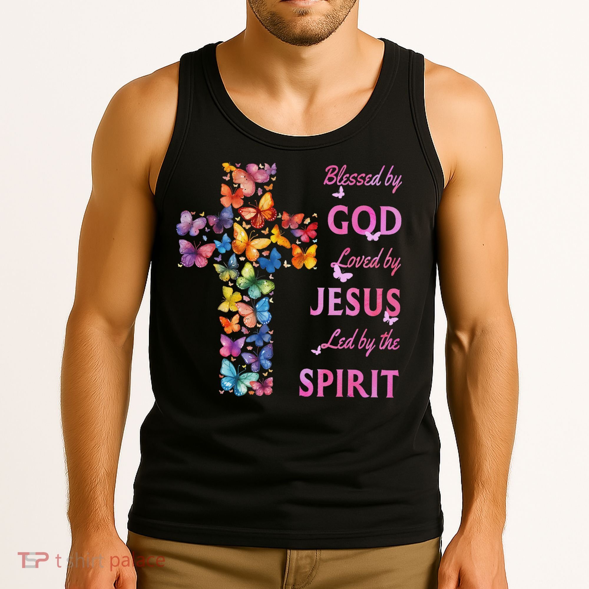 Blessed By God Loved By Jesus Butterfly Cross Tank Top